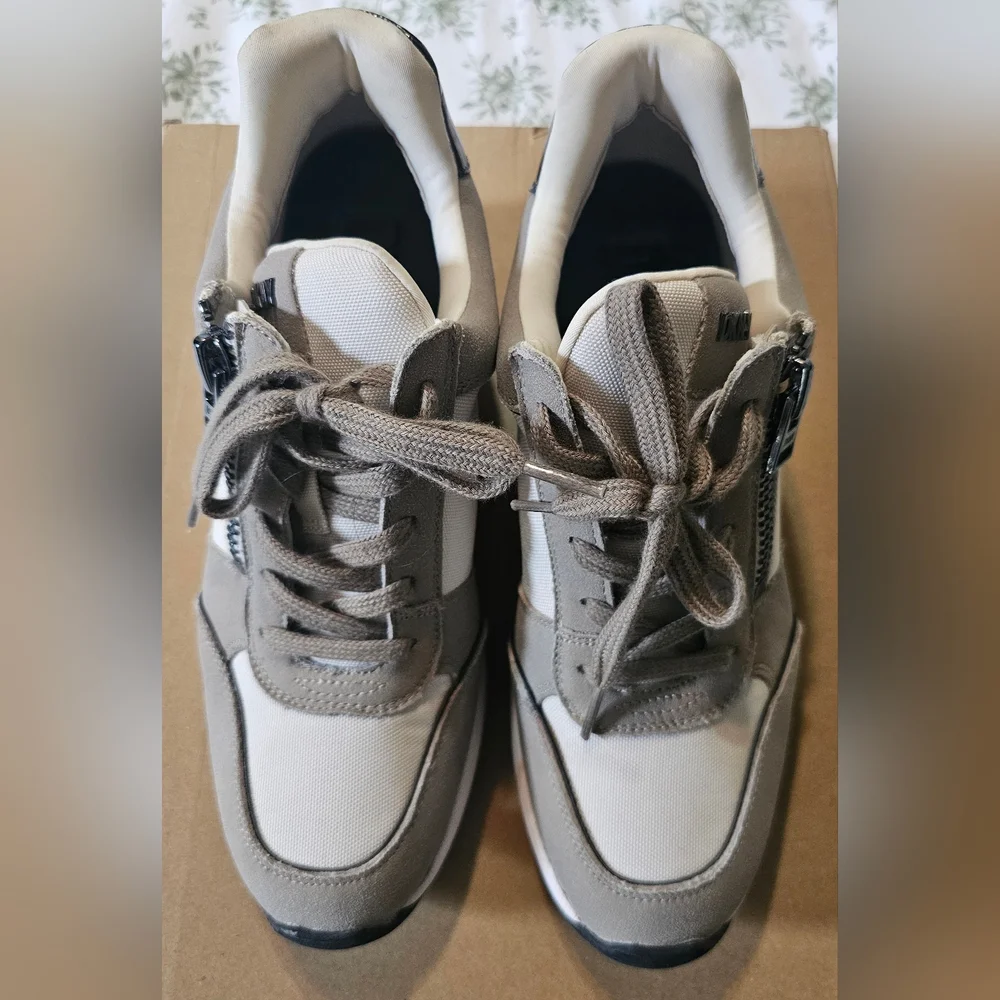 DKNY Taupe and Cream Wedge Sneakers